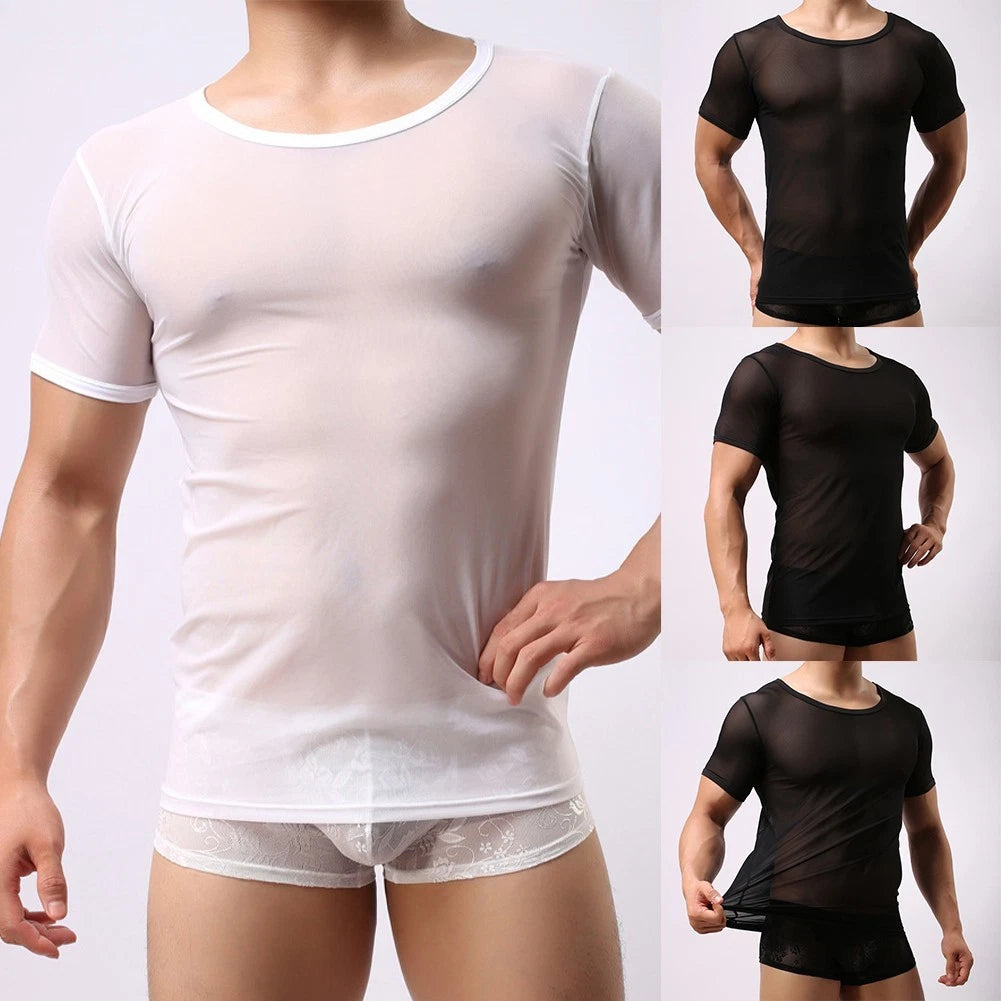 Fashionable Breathable Mesh Fishnet T Shirt Short Sleeve Muscle Top For Men
