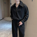 Men T-Shirt Collared Steampunk Gothic Lace Up Neck Pirate Shirt Blouse Top Shirt