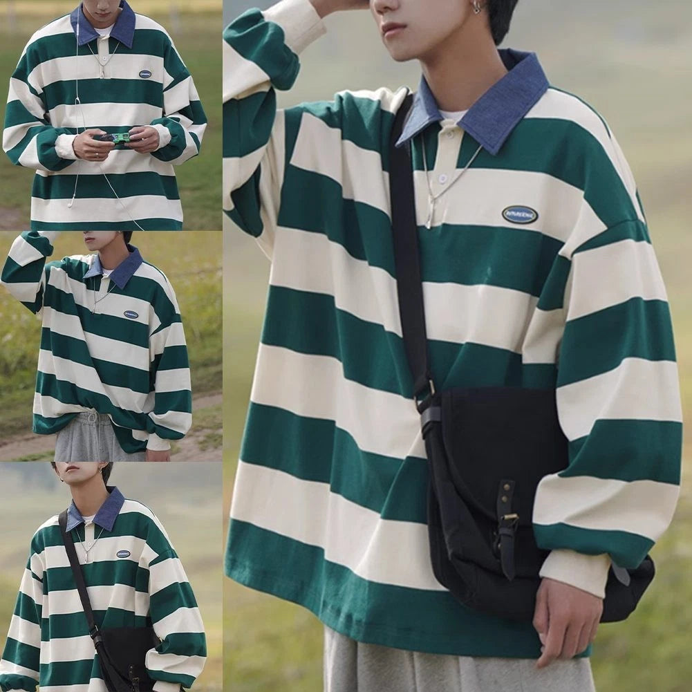 Stylish Men's Long Sleeve Striped Sweatshirt with Lapel for Casual Use