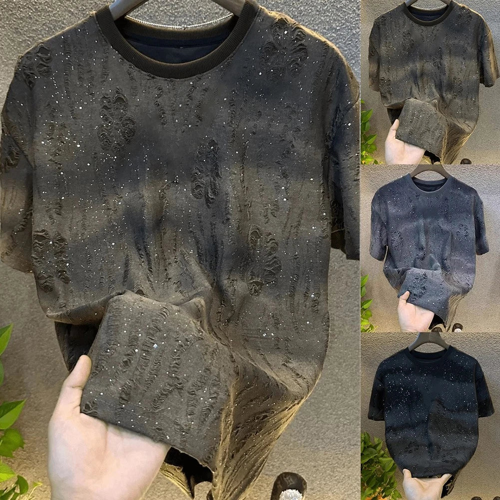 Rhinestone Rivet Casual T-Shirt for Men Round Neck Short Sleeve Modern Fit