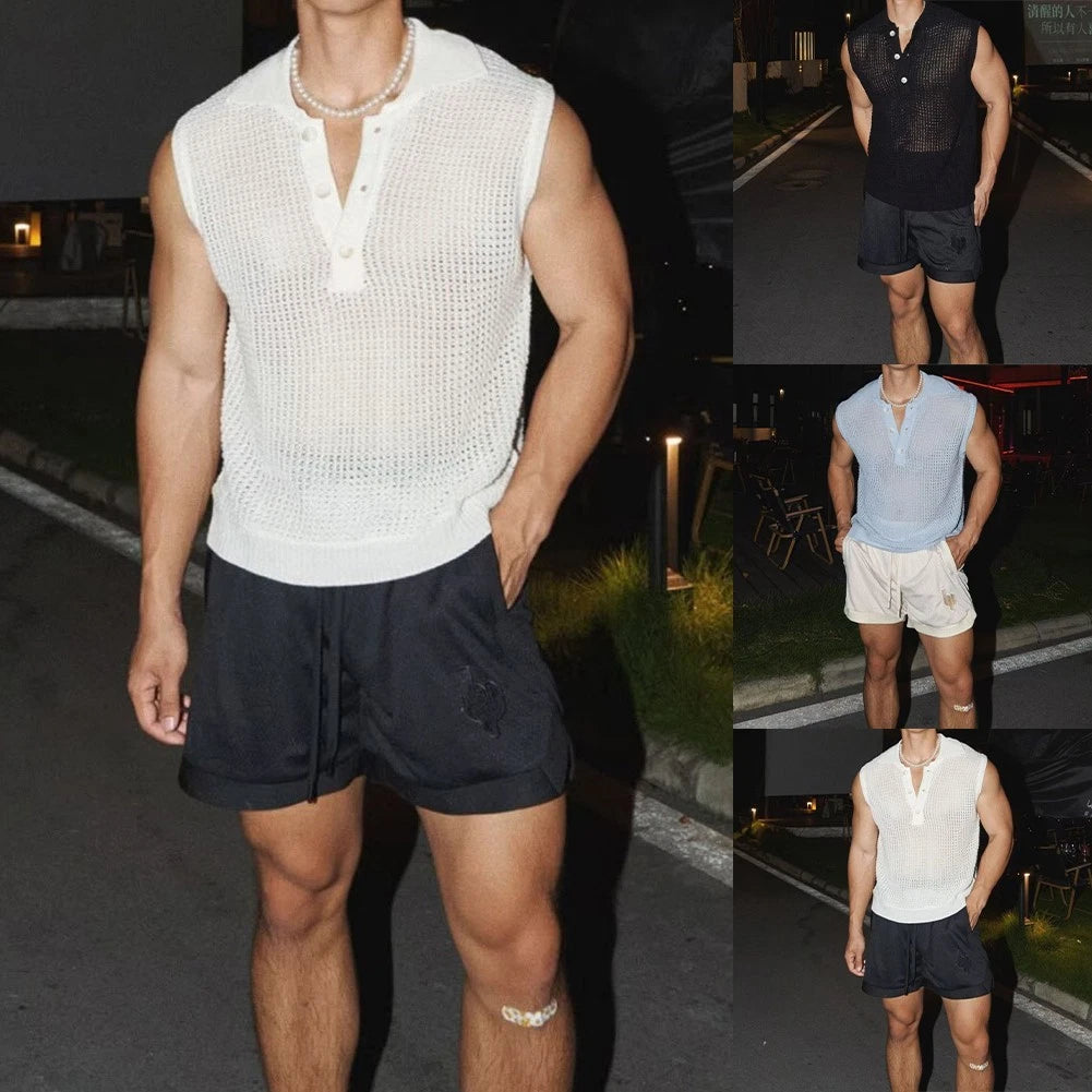 Knit Sleeveless Vest for Men with Lapel Collar and Modern Hollow Texture Design