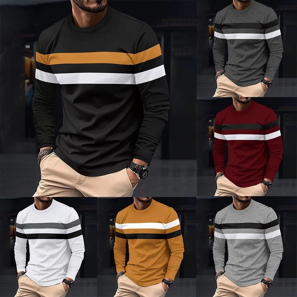 Stylish Men's Casual Blouse Round Neck Long Sleeve Undershirt in Black