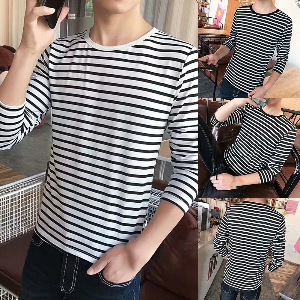 Trendy Long Sleeve Stripe T Shirt for Men Casual Undershirts with Great Fit