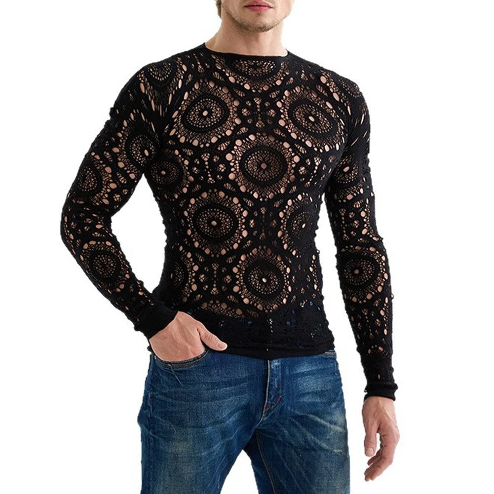 Fashionable Men's Long Sleeve T Shirt Mesh Hollow Design for Club Parties