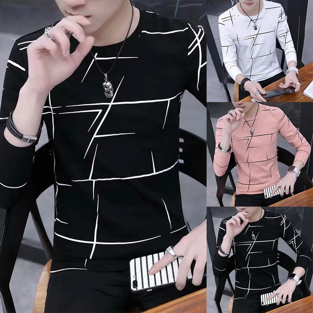Stylish Slim Fit Long Sleeve T Shirt Men's Print Blouse Pullover with Crew Neck