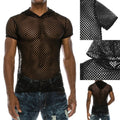 Sexy Muscle Tops Men's Perspective Fishnet Hooded Tshirt Stylish Black