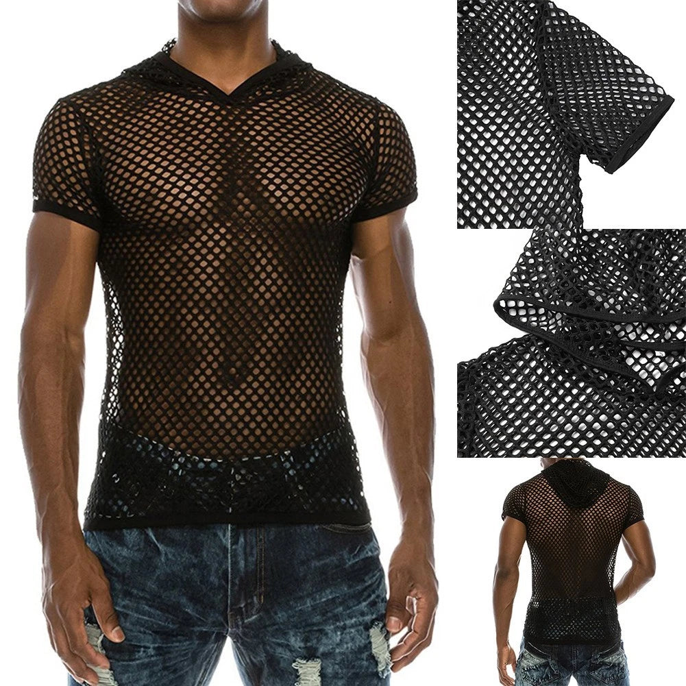 Sexy Muscle Tops Men's Perspective Fishnet Hooded Tshirt Stylish Black