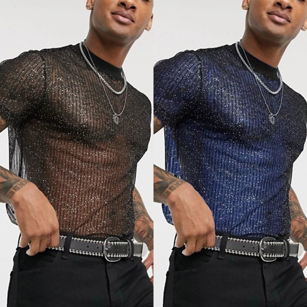 Stylish Casual Men's See Through Sequin Mesh Shirt Sexy Short Sleeve Top