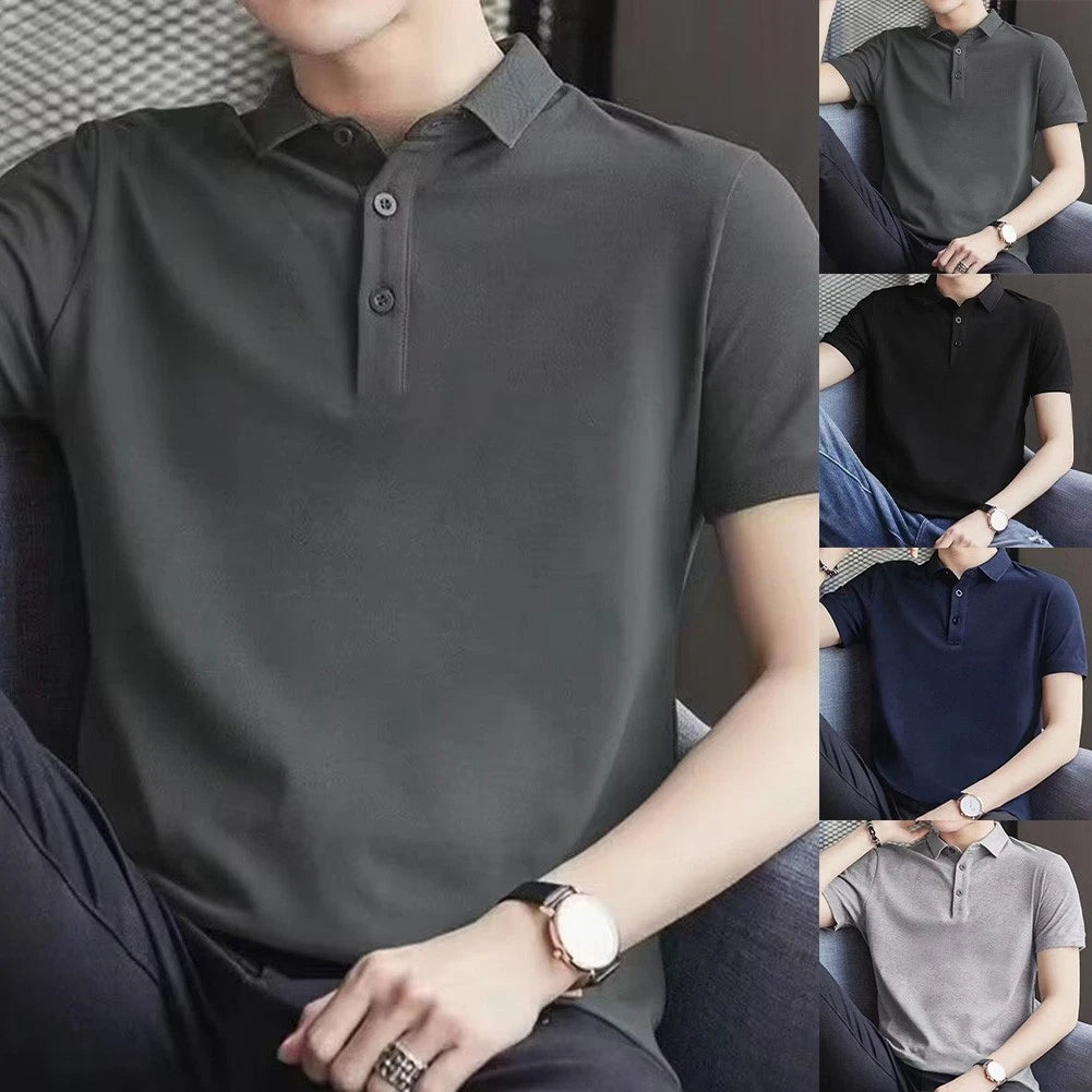 Men's Breathable Short Sleeve Solid Color T Shirt Lapel for Daily Wear