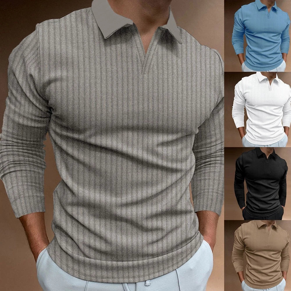 Men V-neck T-shirt Solid Lapel Elastic Long Sleeve V-neck Fitness Daily Wear