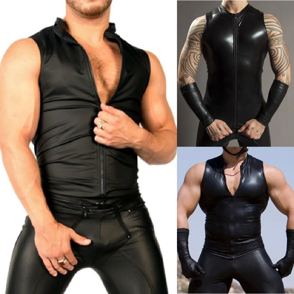 Men's Stylish Shiny Faux Leather Sleeveless Zip T shirt for Stage Shows