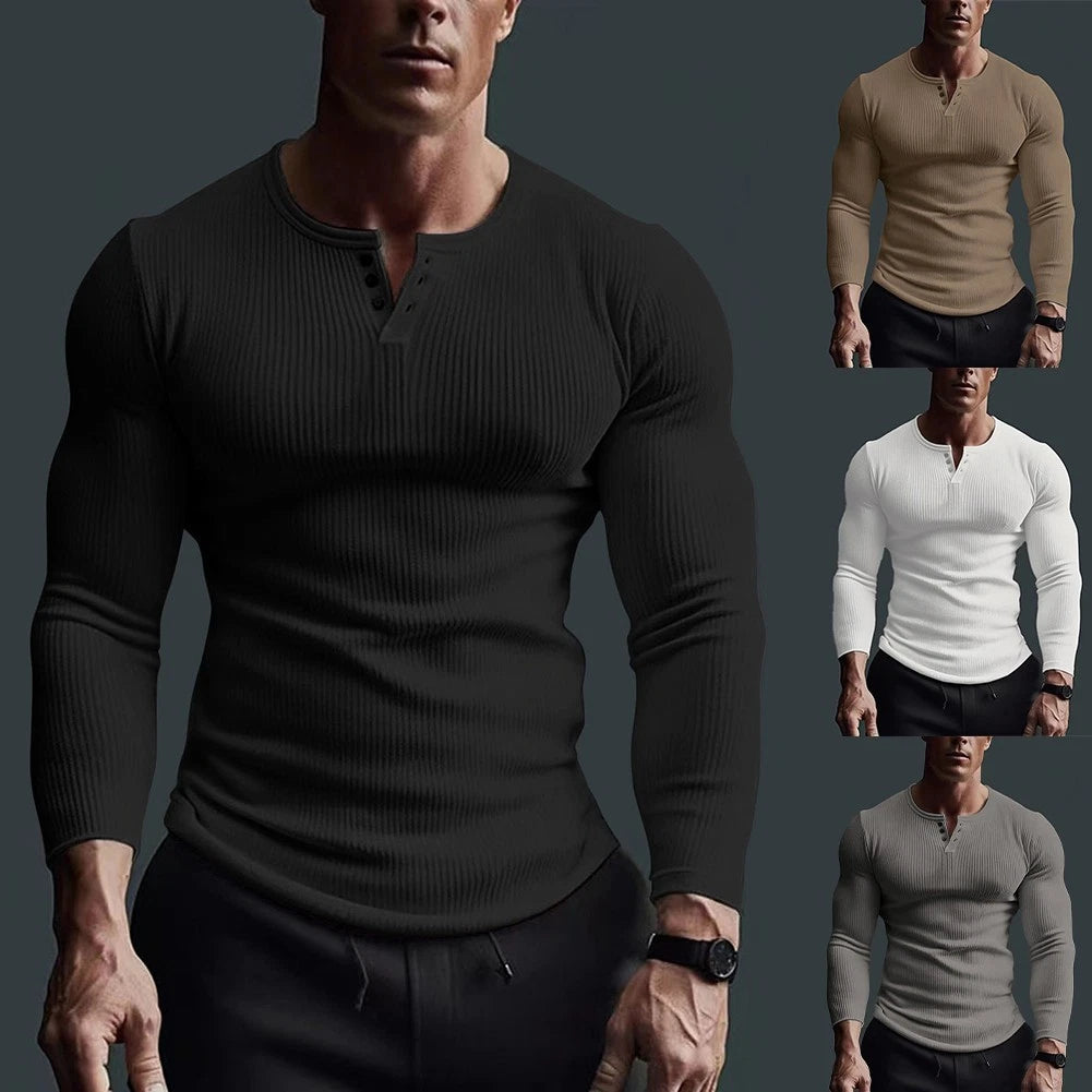 Solid Color Mens Long Sleeve Spandex T Shirts for Sports and Daily Wear