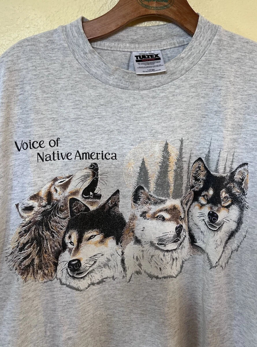 Voice of Native America Wolf Mens Gray T Shirt Size L Y2K