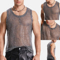 Stylish Grey Fishnet Party Top for Men Sheer Mesh Muscle Tank Sparkly Vest