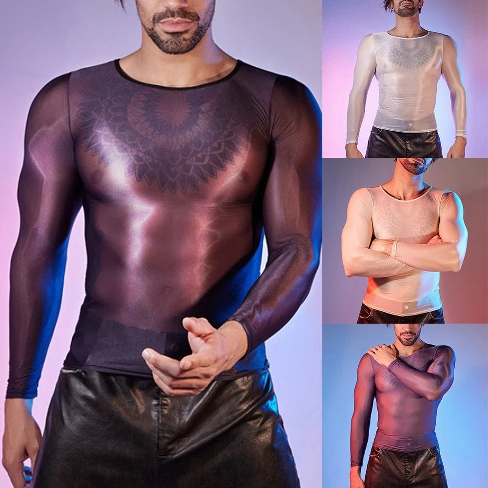 Men's Stylish Long Sleeve Tight Shirt O Neck in Shiny Sheer Fabric Choices