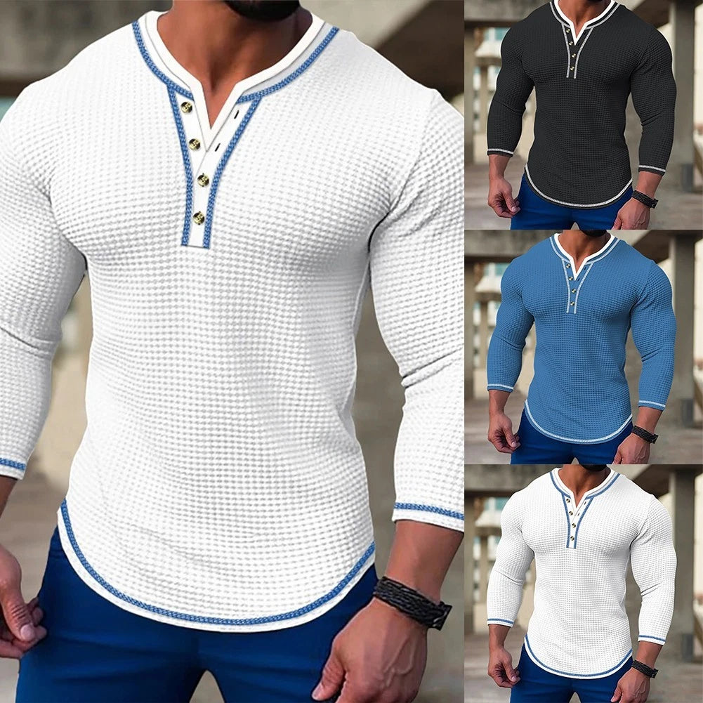 Stylish Men's Long Sleeve Henley Shirts V Neck Button T Shirt Blouse Tops