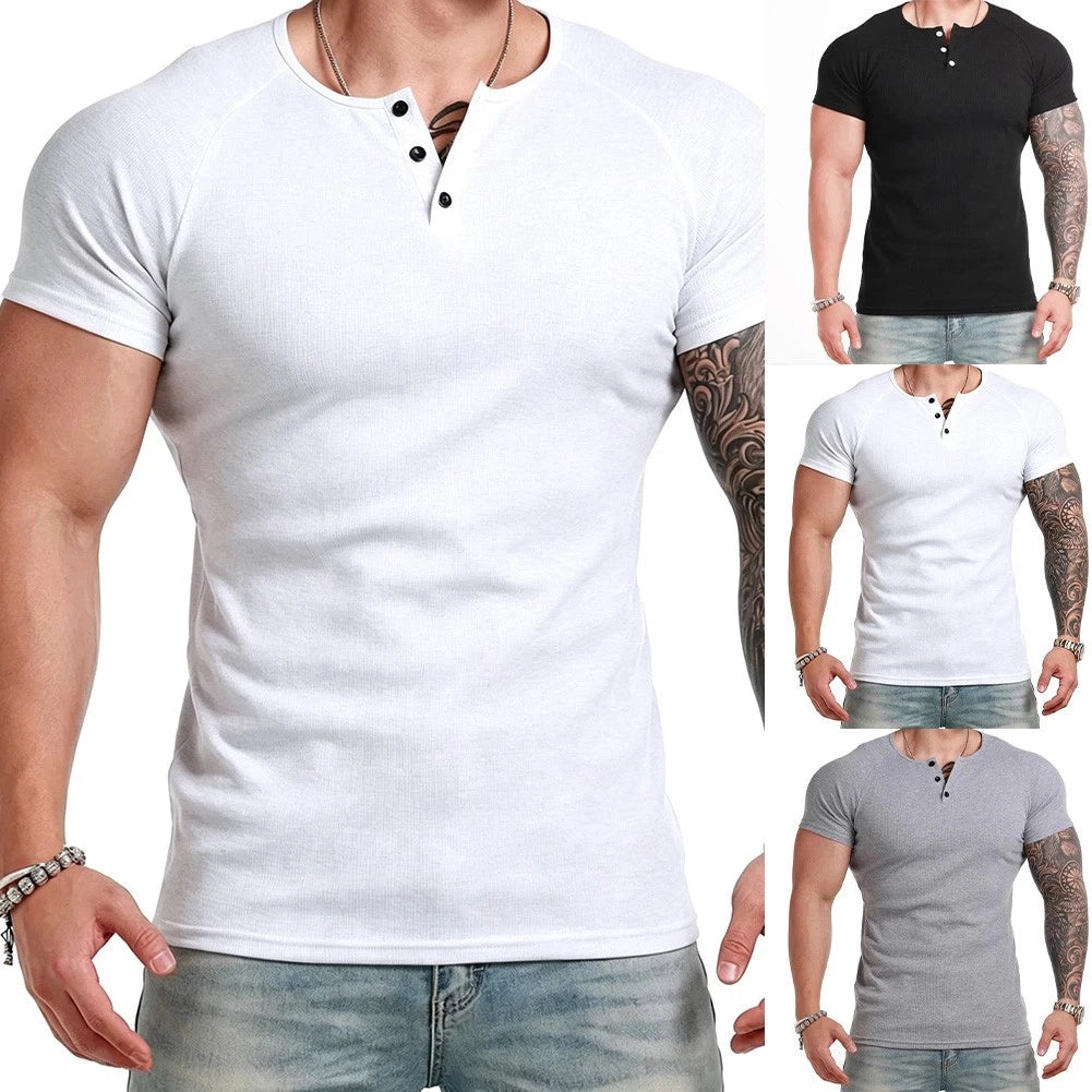 Ribbed Short Sleeve T-Shirt for Men Solid Color Casual Daily Wear Spring Summer