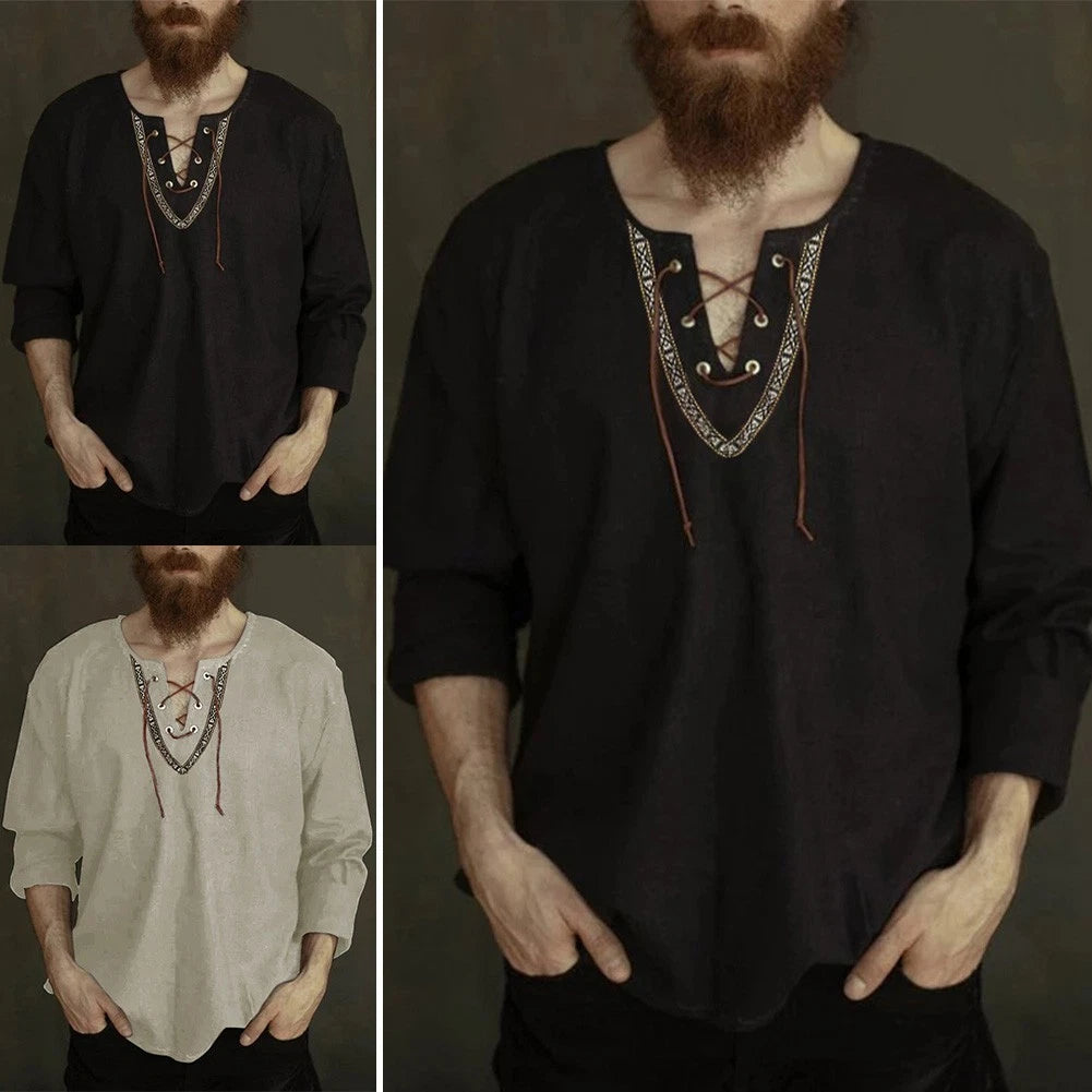 Stylish Men's Casual Medieval Tee Vintage V Neck T Shirt with Lace Up Detail