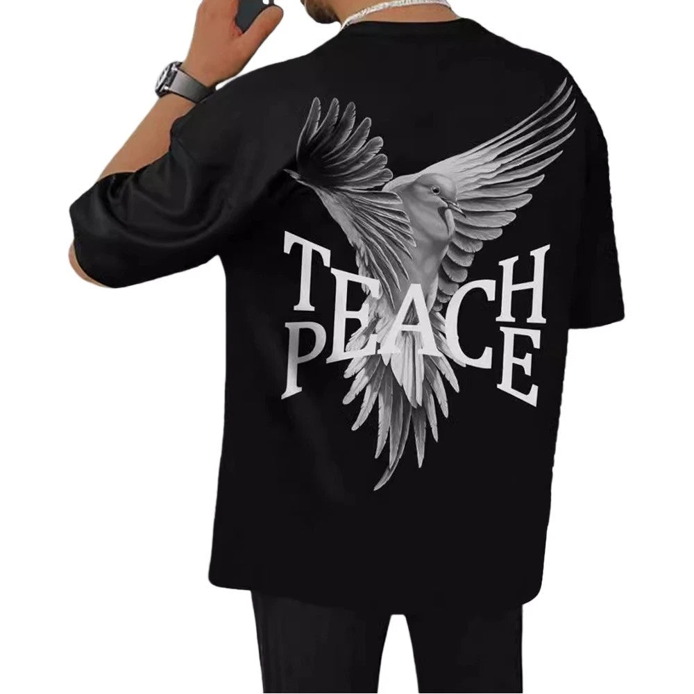Mens Black Loose Fit Round Neck Tshirt Polyester for Club Daily Spring Wear