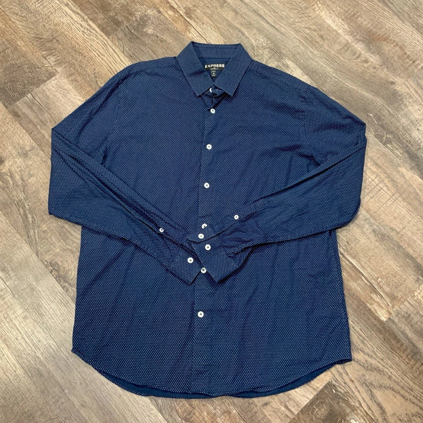 Express Button Down Navy Blue White Speckled Modern Fit Men's L Long Sleeve