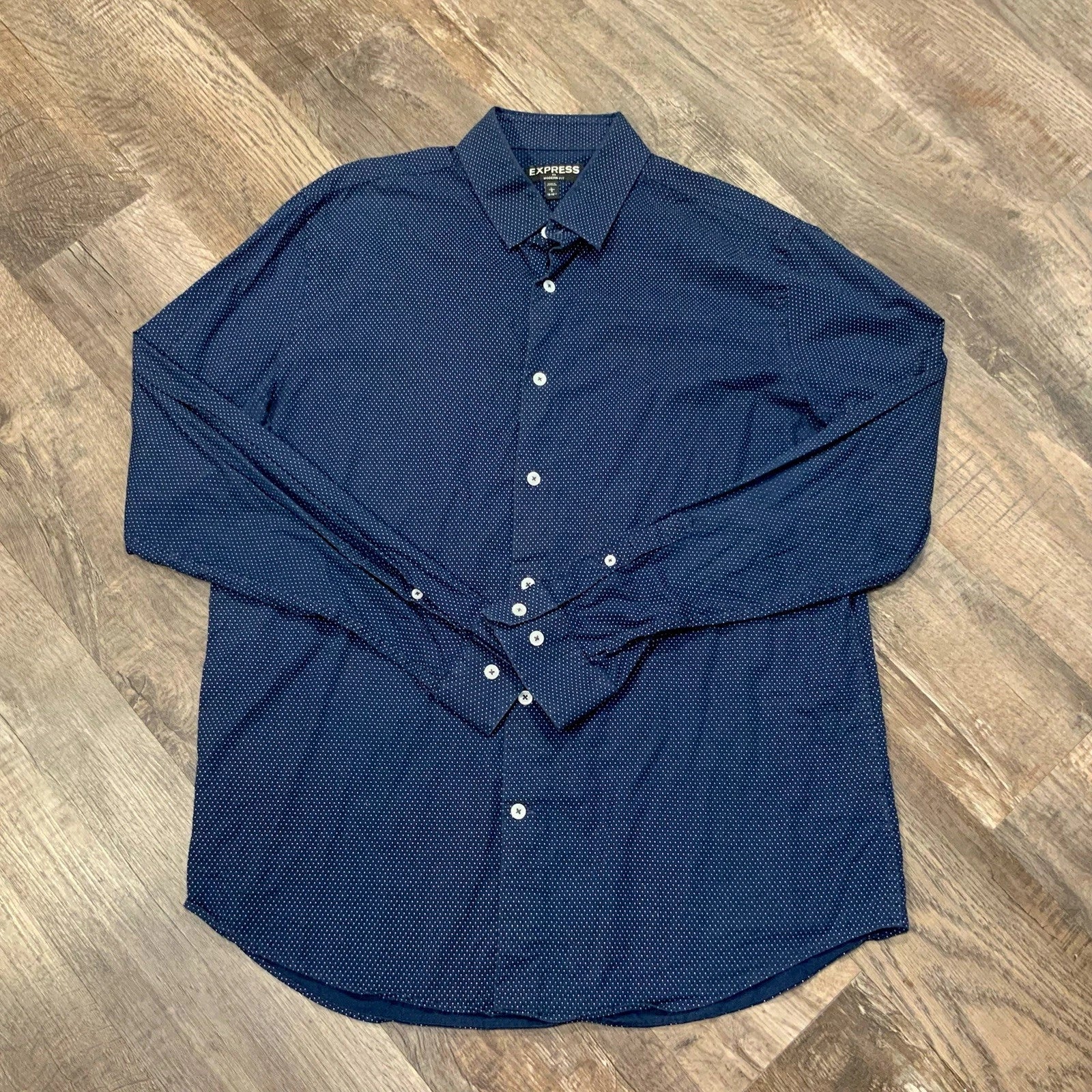 Express Button Down Navy Blue White Speckled Modern Fit Men's L Long Sleeve