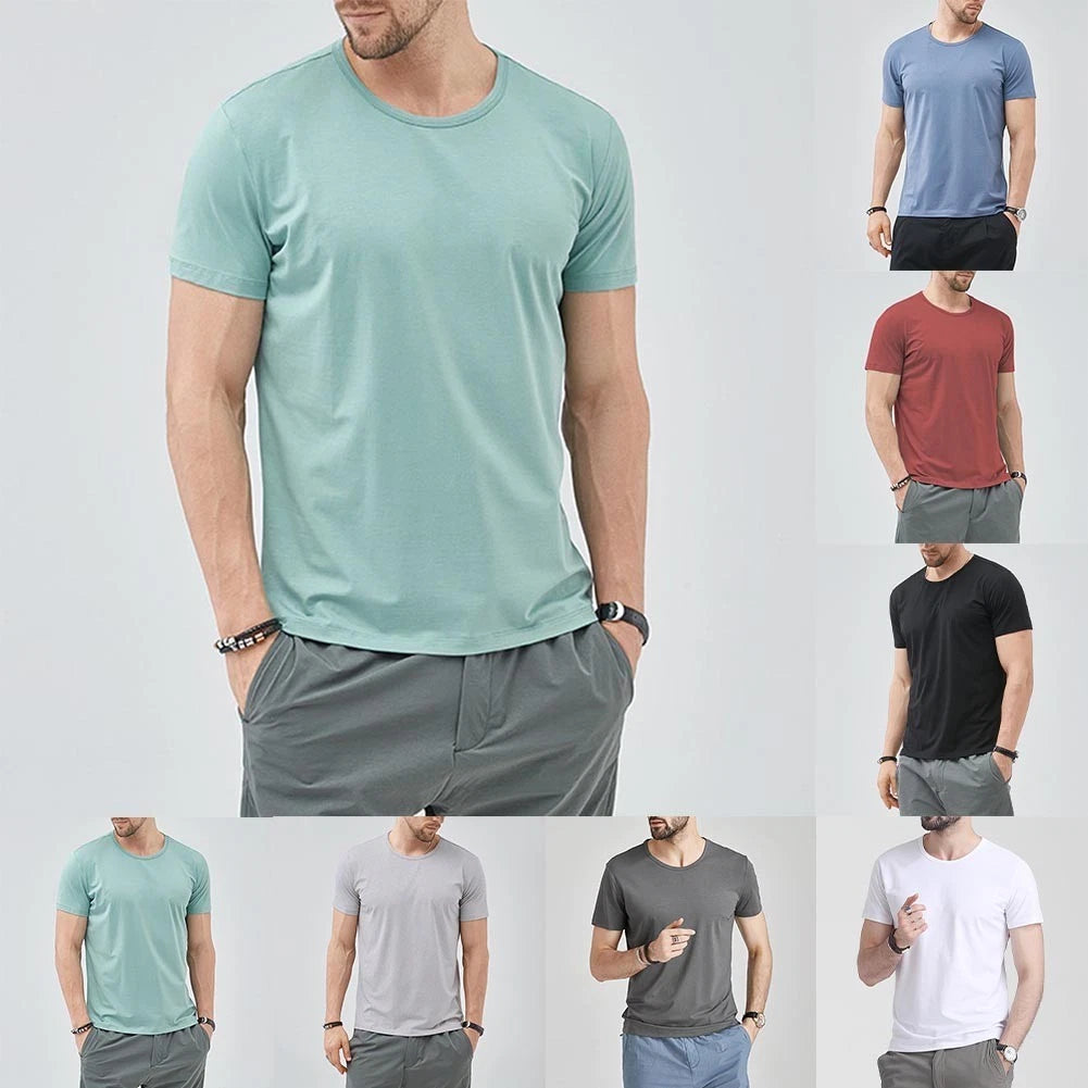 Men Solid O-Neck Casual T-Shirt Slim Fit Short Sleeve Top for Daily Wear