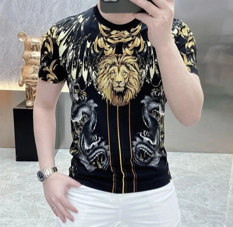 New Men Luxury Lion And Dragon Printed Fashion T-Shirt High Quality Black White