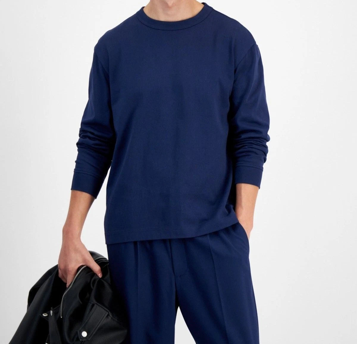 Mode Of One Mens Modern Long Sleeve Relaxed Fit T Shirt Navy Blue Size XL NWT