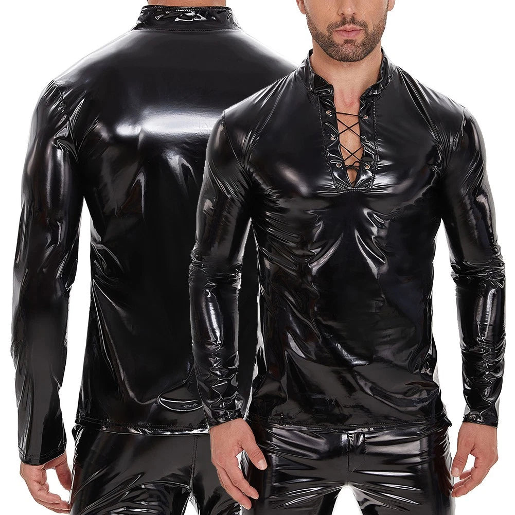 Long Sleeve PU Leather Mens T Shirt Suitable for Vacation and Daily Wear