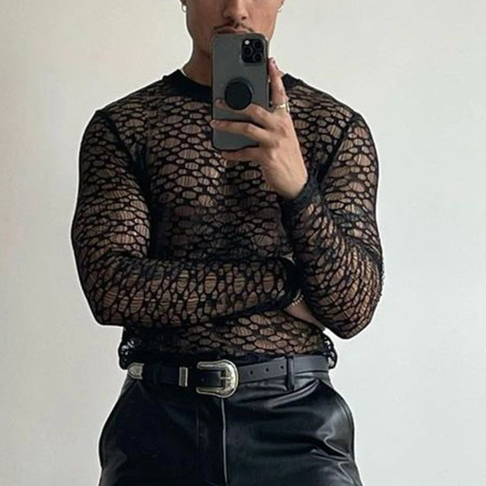 For Layering Men Mesh Tee Hollow Out Top For Daily Wear High Street Style
