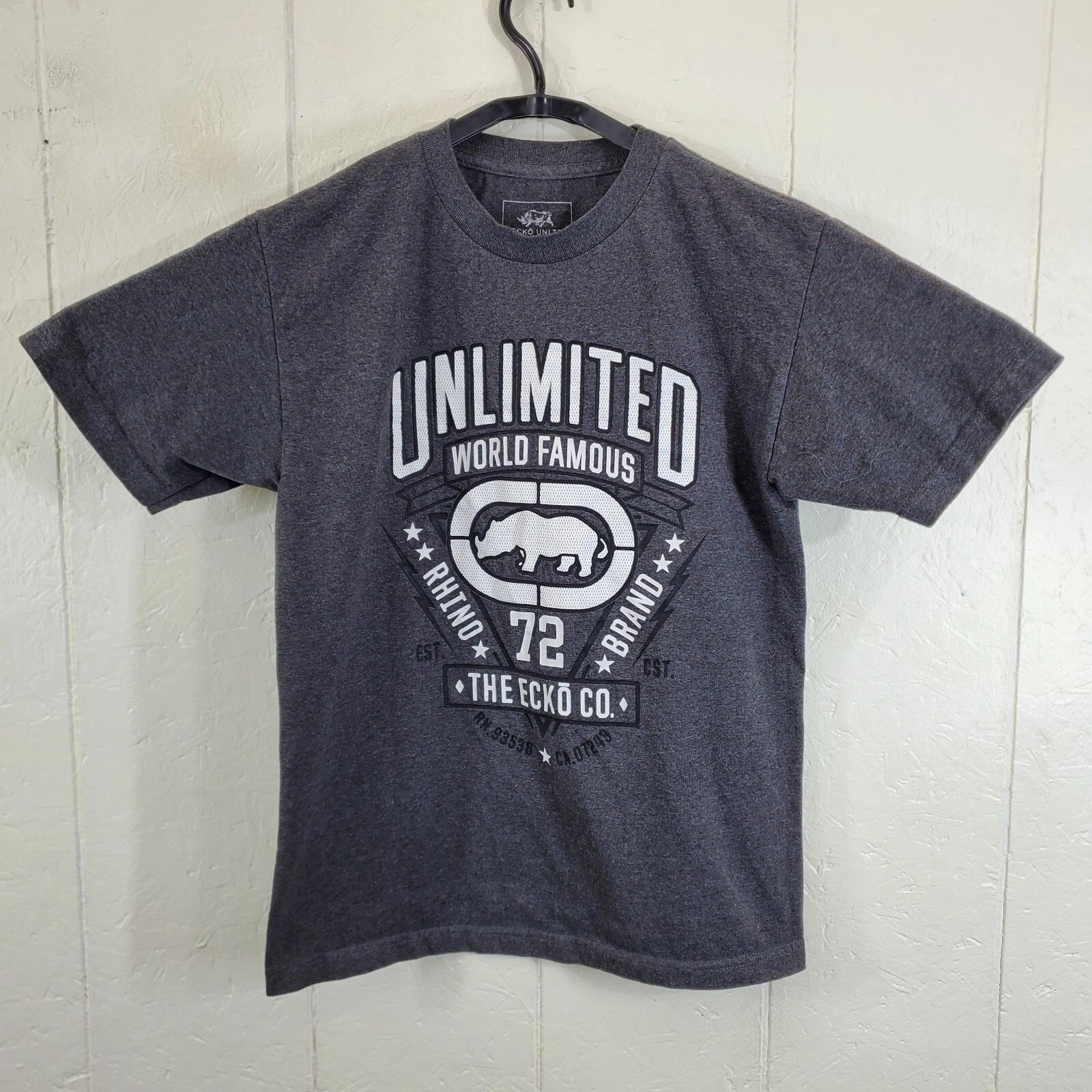 Ecko Unltd Shirt Mens Medium Gray Crew Neck Short Sleeve Graphic Stretch Casual