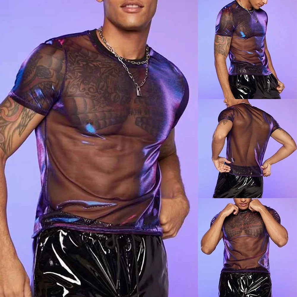 Trendy Men's Mesh T Shirt Sexy O Neck Tops for Party Night Out Purple