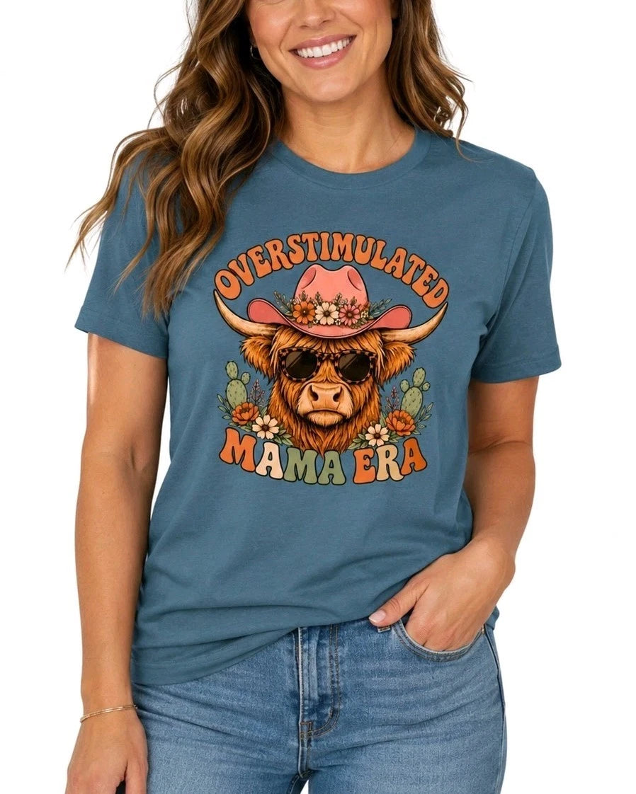 Overstimulated Mama Era Highland Cow Shirt, Western Mom Graphic Tee