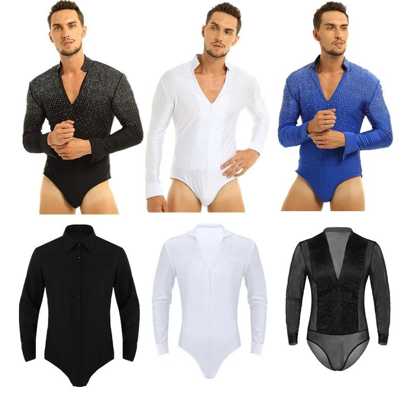 Men Sequins V Neck Dance Shirts Ballroom Modern Latin Long Sleeve Dancewear Top