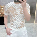New Men Luxury Dragon Printed Jacquard Fashion White Knit T-Shirt High Quality