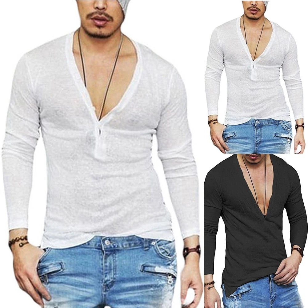 Men's Fashionable Deep V Neck Long Sleeve T shirt Button Tops Tee Blouse M 2XL