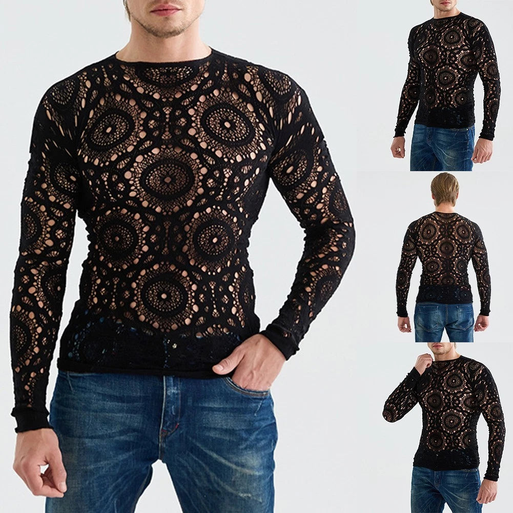 Men Long-Sleeved T-Shirts Sexy Hollow Out Top Average Size Fashionable
