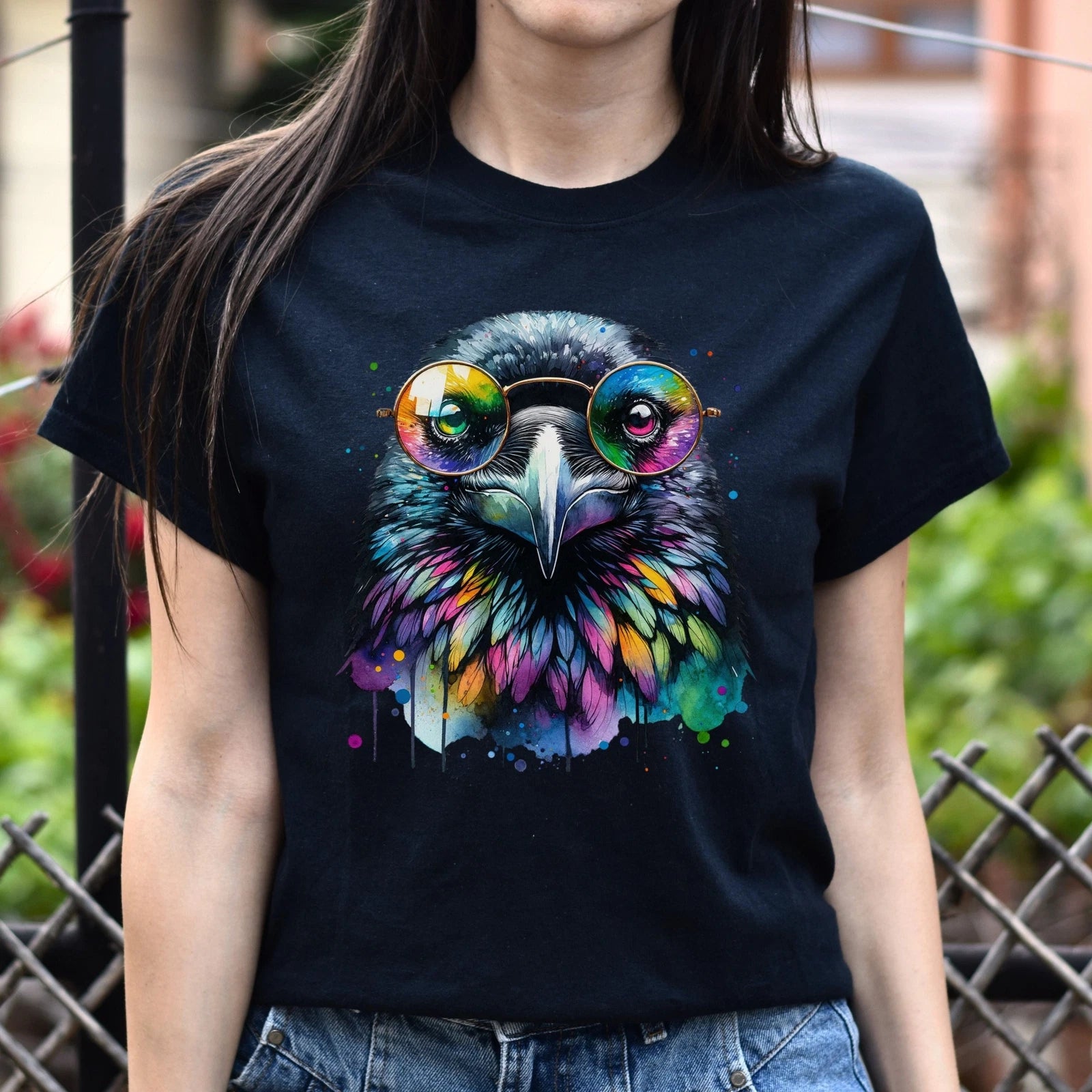 Raven with Glasses Color Splash Unisex T-shirt Black Navy Dark Heather