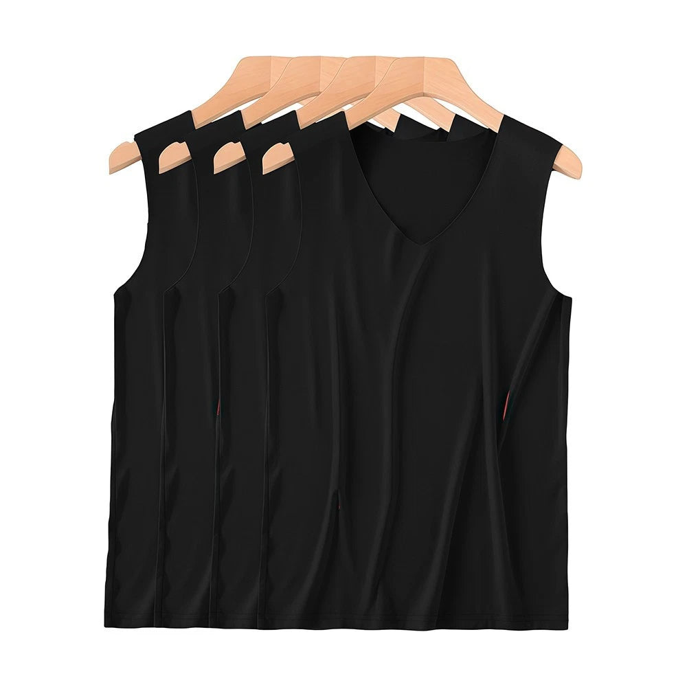Fashionable Mens Sleeveless Vneck Vest Solid Color Seamless Ice Silk Fabric