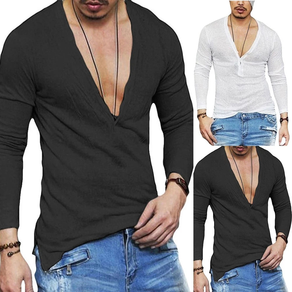Stylish White T Shirt for Men with Deep V Neckline and Button Up Closure