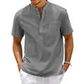 Men's Cotton Linen Shirt Henley Neck Short Sleeve Pocket Casual Beach Top uk