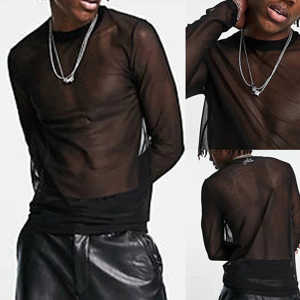 Stylish Mens See Through Long Sleeve Mesh T Shirts Muscles Sports Tops