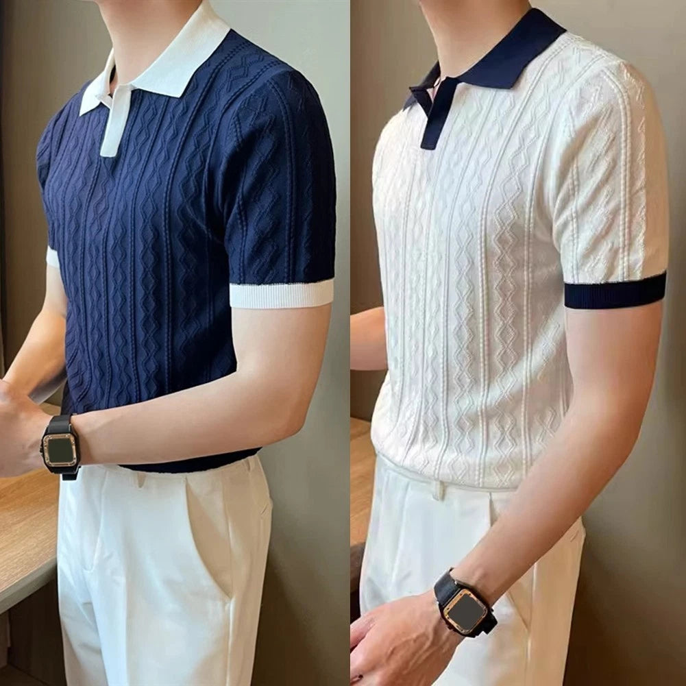 Fashionable Mens Color Patchwork Knitted Tshirt Streetwear Summer Short Sleeve