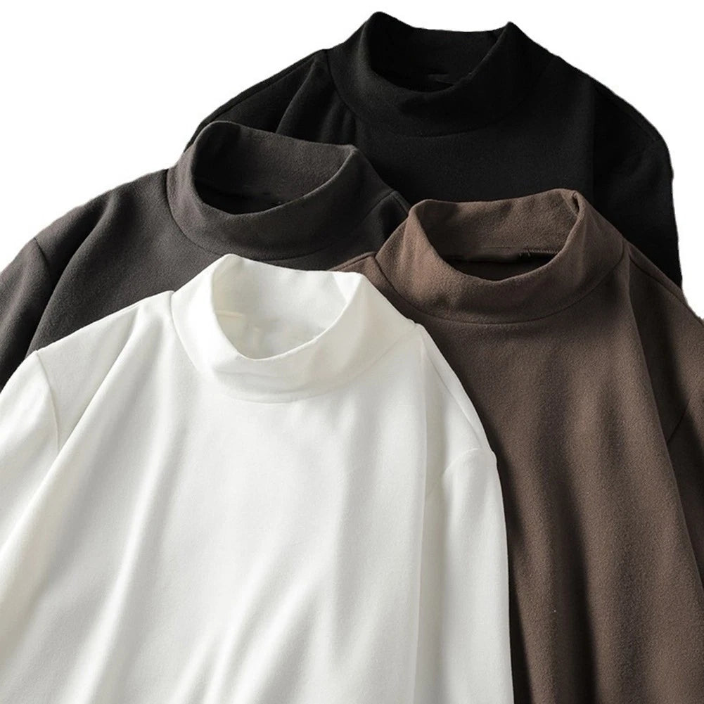 Men Double Sided Velvet T Shirt Half High Collar Long Sleeve Daily Wear