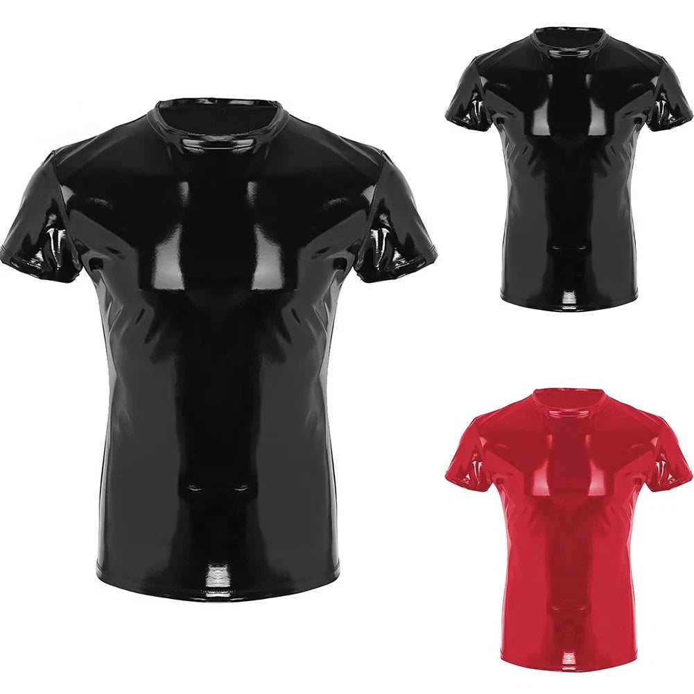Stylish and Edgy Men's Short Sleeve T Shirt Top in Shiny Wet Look Faux Leather