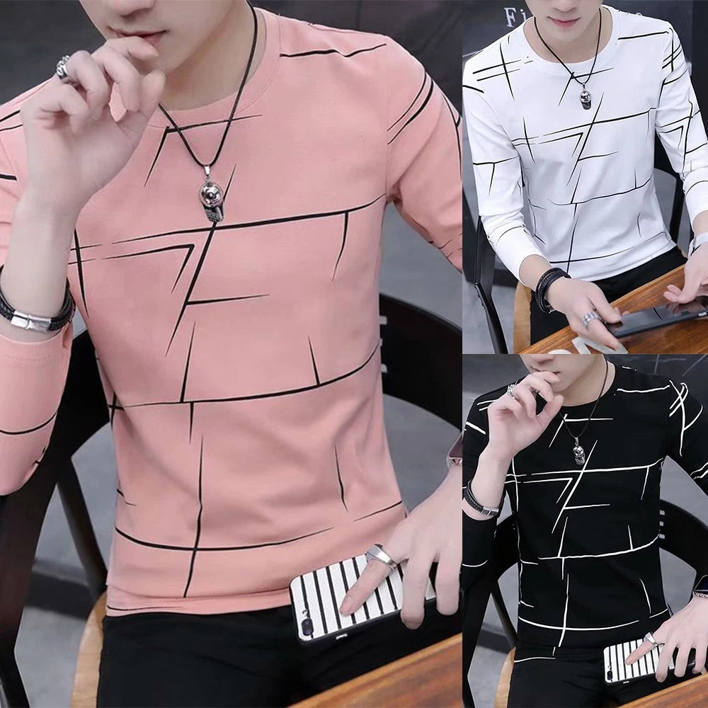 Stylish Men's Crew Neck Tshirt Blouse Printed Pullover Long Sleeve Top