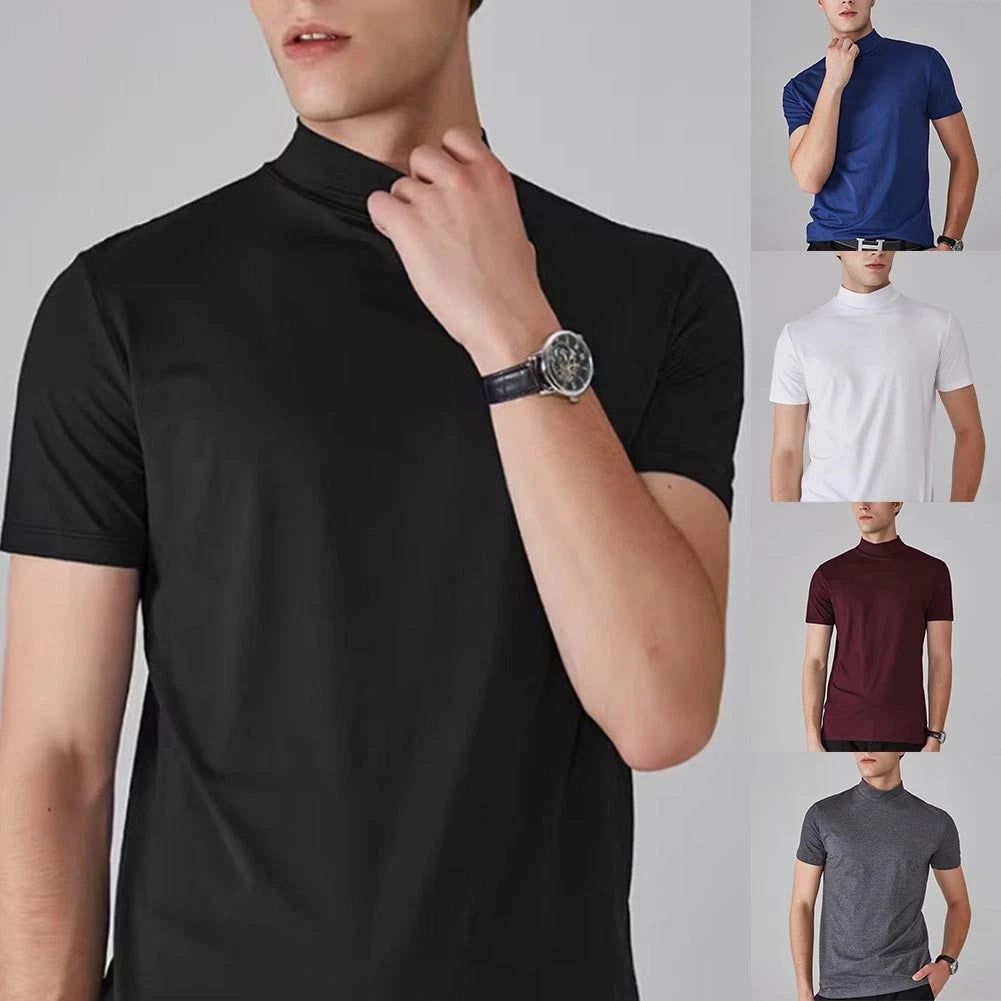 For Men For Daily Wear Half High Collar Tee Solid Pullover Shirt Summer Outfit