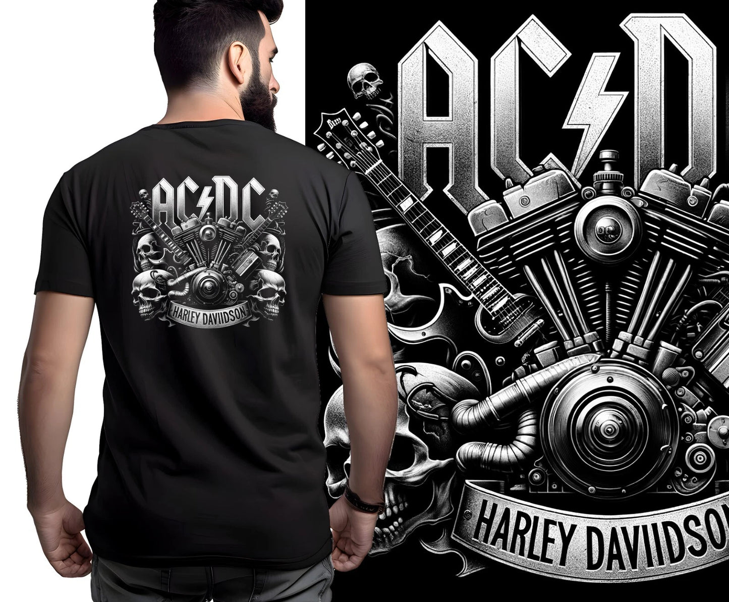 ACDC skulls logo image Black Tee - breathable Polyester - motorbikers gift