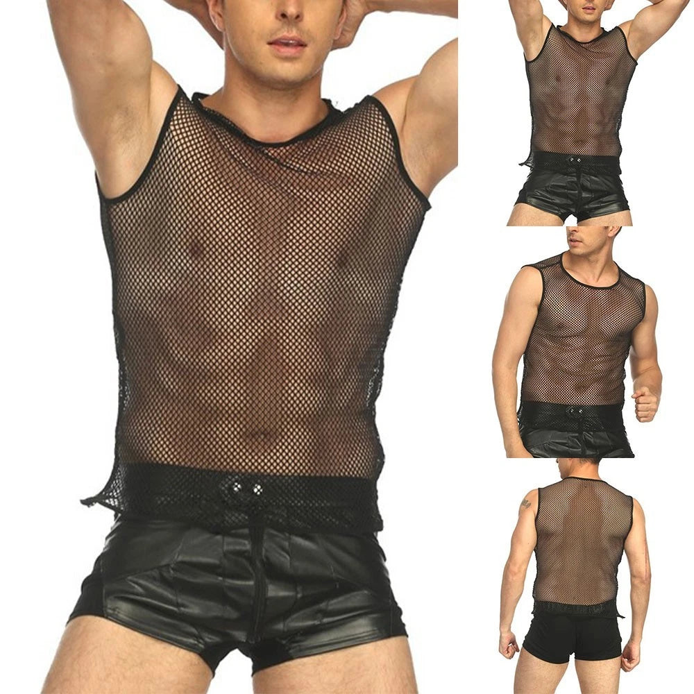 Fashionable Mesh Tank Top with Fishnet Design Sleeveless Sport Shirt for Men