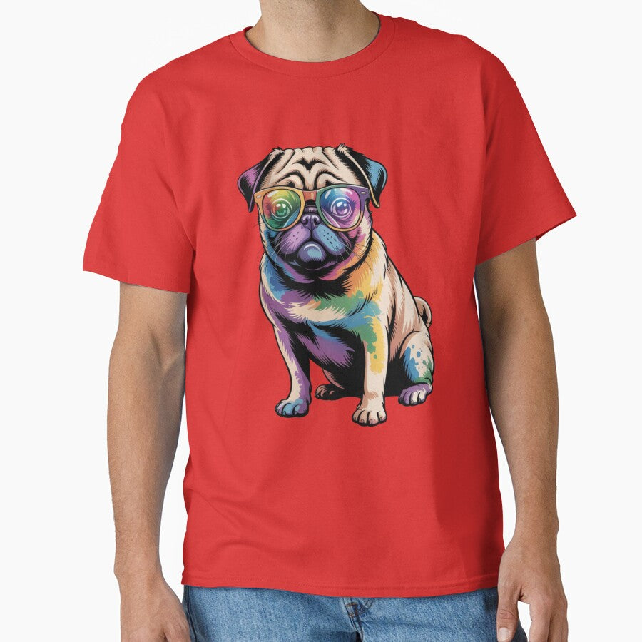 pug dog wearing retro wayfarer glasses with rainbow-colored lenses by 123ks